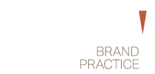 Preston Brand Practice logo with white logo type, clay colored logo subtext and orange logo mark that looks like a wedge.